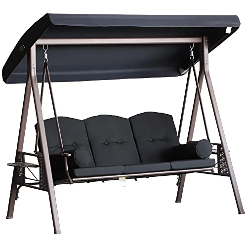 Outsunny 3-Seat Patio Swing Chair, Outdoor Porch Swing Glider with Adjustable Canopy, Removable Cushion, Pillows and Side Trays, for Garden, Poolside, Backyard, Black