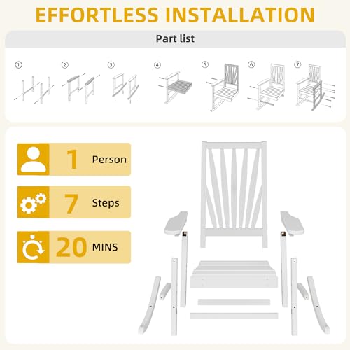 DWVO Outdoor Rocking Chair, Patio Rocker with Windsor Backrest & Wide Armrests, HDPE Patio Chair, 30° Rocking Motion, Outdoor Rocker for Porch, Balcony, Garden Seating, White