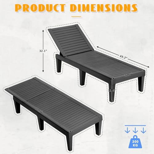 NBYSGO Outdoor Lounge Chairs Set of 2, 5-Position Adjustable Tanning Chairs with Wood Grain, All-Weather Resin Patio Recliners for Pool, Garden, Deck, Beach, Patio Lounge Chairs, Texture Black