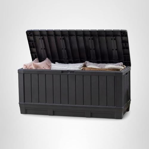 Keter Kentwood 92 Gallon Resin Deck Box-Organization and Storage for Patio Furniture Outdoor Cushions, Throw Pillows, Garden Tools and Pool Floats, Dark Grey