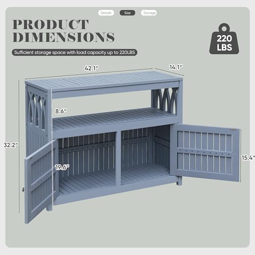 Devoko Acacia Wood Patio Cabinet with 2 Magnetic Doors and Shelve for Outdoor Storage, TV Stand, Potting Table (Gray)