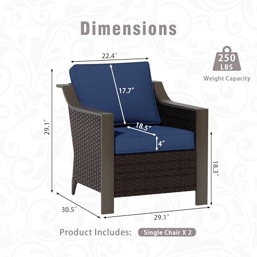 Qsoer Outdoor Wicker Chair Set of 2, All-Weather Use Patio Rattan Chair with Removable Water-Resistant Cushion, Ideal for Porch, Backyard, Balcony, Poolside, Blue