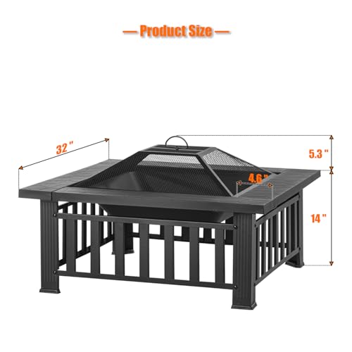 EcoNook 32 inch Fire Pit, Square Outdoor Fire Pit Table with Spark Screen & Fire Poker, 3-in-1 Multipurpose Firepits for Outside, Fireplace for Yard, Garden, Patio