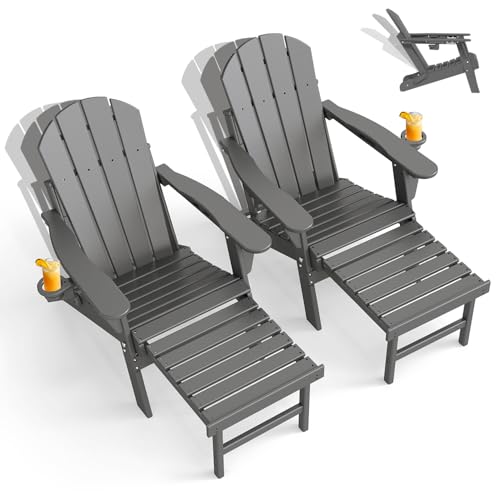 GREENVINES Adjustable Adirondack Chair with Retractable Ottoman Set of 2 | Folding | HDPE Plastic | Fire Pit Chairs w/Foot Rest | 2 Cup Holders | Grey | for Outdoor Patio Poolside Deck