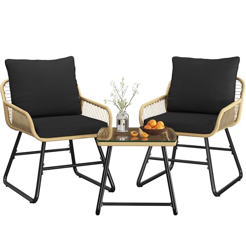 Yaheetech 3 Piece Patio Bistro Set Outdoor Wicker Bistro Furniture Sets, 2 Rattan Chairs and Glass Top Table for Patio, Balcony, Porch, Poolside, Backyard 3 PCS/Tan/Black
