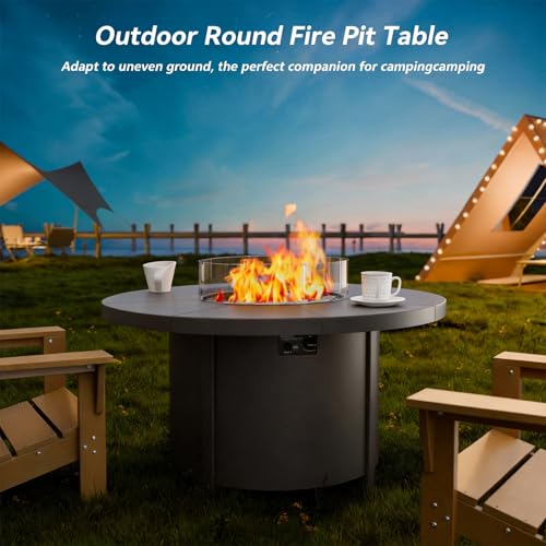 Trumbeak 48" Round Propane Fire Pit,Steel Tabletop Fire Pit w Lava Rocks,55000 BTU Auto-Ignition CSA Certified Gas Fire Pits with Lid & Windproof Glass for Outdoor,Patio,Backyard