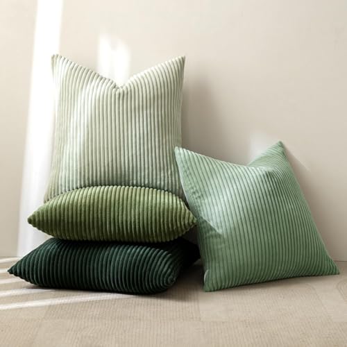 MIULEE Boho Farmhouse Sage Green Throw Pillow Covers 18x18 Inch Set of 4 Mordern Nordic Cushion Covers Soft Corduroy Spring Home Decor for Couch Bed Sofa Living Room Forest Green