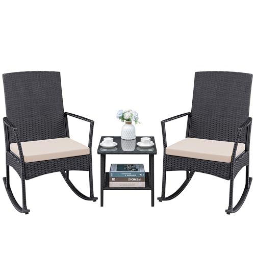 Greesum 3 Pieces Patio Furniture Set Outdoor Wicker Rocking Chairs with Glass Coffee Table for Garden Backyard Porch Poolside, Beige