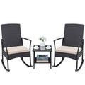 Greesum 3 Pieces Patio Furniture Set Outdoor Wicker Rocking Chairs with Glass Coffee Table for Garden Backyard Porch Poolside, Beige