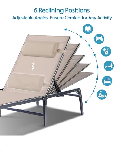 2 Pack Foldable Chaise Lounge Chair with Cup Holder, Assemble-Free Outdoor Lounge Chair with Detachable Pillow and 6 Adjustable Backrest, Patio Lounge Chair for Outside Poolside Beach Pool, Khaki
