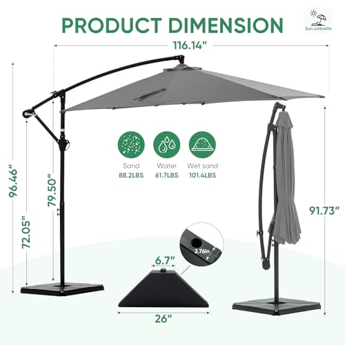 NEWBULIG 10FT Patio Umbrella with Base Included, Offset Cantilever Outdoor Patio Table Umbrella, UV Protection, Fade Resistant Fabric, Easy Tilt Adjustment for Pool, Deck, Garden, Backyard, Gray