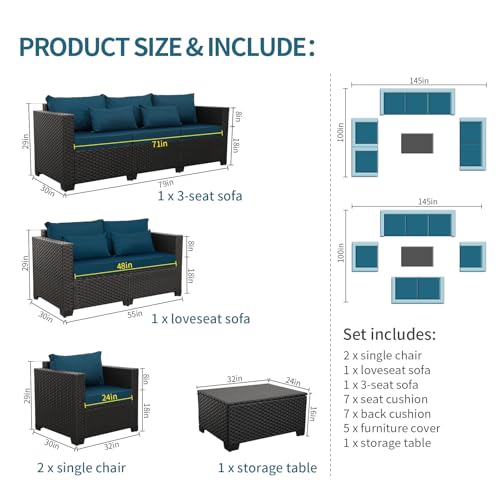 Rattaner Patio Furniture Set 5 Pieces Outdoor Furniture Sets Patio Couch Outdoor Chairs Coffee Table Peacock Blue Anti-Slip Cushions and Waterproof Covers