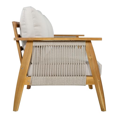 Christopher Knight Home Outdoor 3 Seater Patio Sofa with Acacia Wood Frame and Rope Weave Design, Cushioned Garden Couch with Removable Covers for Patio Deck Balcony, Teak and Beige