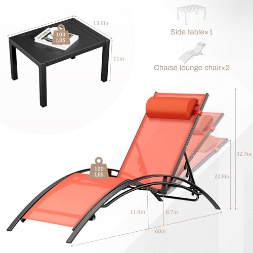 AthLike 3 pcs Poolchairs Patio Chaise Lounge Set with Headrest, 5-Level Adjustable Sunbathing Tanning Poolside Recliner Chairs with Side Table for Outdoor Beach (Orange)