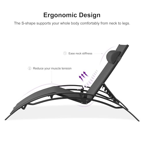 PURPLE LEAF Patio Chaise Lounge Set of 3 Outdoor Lounge Chair Beach Pool Sunbathing Lawn Lounger Recliner Chiar Outside Tanning Chairs with Arm for All Weather, Side Table Included, Black