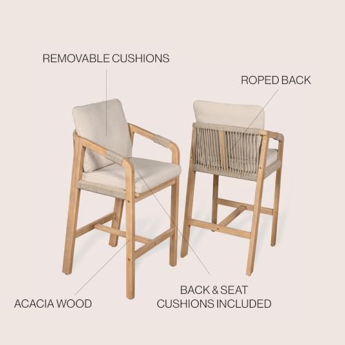 JONATHAN Y Porto Acacia Wood Outdoor Bar Stool Set of 2 for Patio and Kitchen Counter, Coastal Woven Rope Armchairs with Removable Cushions, Light Teak BSL1200A-SET2