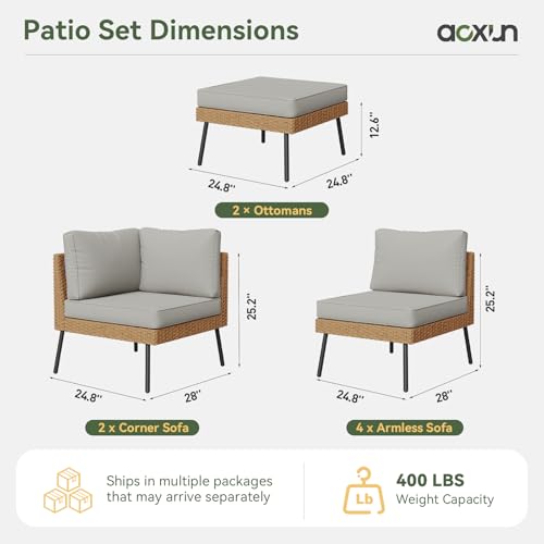 Aoxun 8 Piece Patio Furniture Set, 8 Seats Outdoor Sectional Sofas with Thick Cushion, Wicker Outdoor Patio Furniture Set with Ottomans for Party, Garden, Backyard, Grey