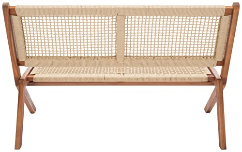 SAFAVIEH Outdoor - Kobina Folding Bench - Natural & Natural - Solid Wood and Rope - Modern Sculpted Folding Design - Ideal for Patio, Deck, Porch, Backyard, 13.8" Seat Height (PAT7304A)