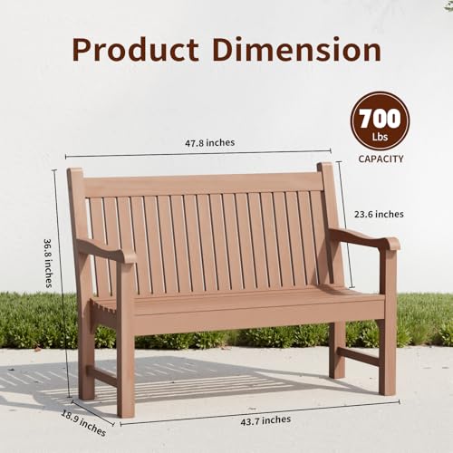 Psilvam 2-Person Outdoor Bench with 700 Lbs Weight Capacity, Poly Lumber Weatherproof Garden Bench Seating for Porch, Balcony and Park, All-Weather Patio Bench Furniture (Teak)