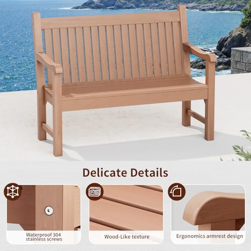 Psilvam 2-Person Outdoor Bench with 700 Lbs Weight Capacity, Poly Lumber Weatherproof Garden Bench Seating for Porch, Balcony and Park, All-Weather Patio Bench Furniture (Teak)