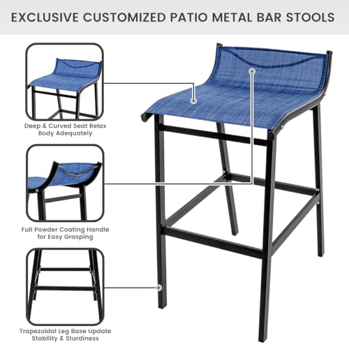 Sundale Outdoor Patio Metal Bar Stools Set of 2, Low Back Modern Counter Height Tall Chair Armless, High Top Outside Barstools, All-Weather Patio Stools for Porch Yard Deck Balcony, Modern Blue