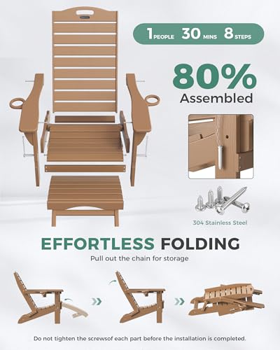 SUUNYN Folding Adirondack Chair with Retractable Ottoman Weather Resistant Fire Pit Chair Patio Chair with 2 Cup Holder Lawn Outdoor Lounge Chair (Teak)
