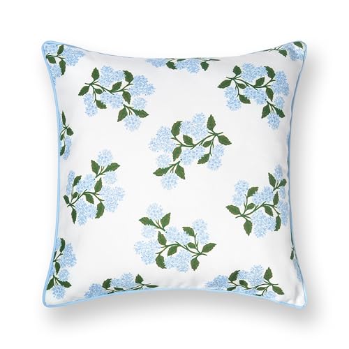 Hofdeco Premium Coastal Patio Indoor Outdoor Throw Pillow Cover Only, 20"x20" Water Repellent for Backyard, Couch, Baby Blue Print Hydrangea Flower