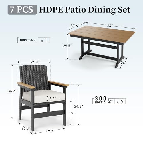 7 Piece HDPE Outdoor Dining Set for 6, 64” All Weather Wood-grain Dining Table, 6 Wicker Rattan Chairs with 3.2” Waterproof Cushion, Patio Table and Chairs Set for Backyard and Deck, Black