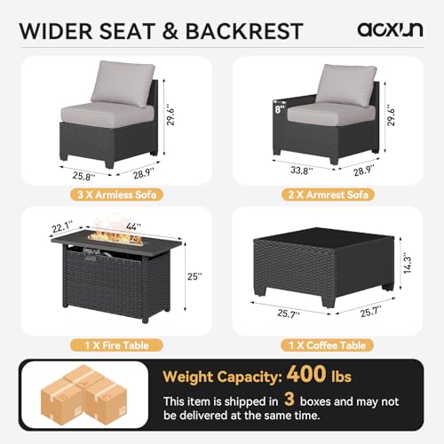 Aoxun Outdoor Patio Furniture Set with 44'' Fire Pit Table, 7 Pcs Outdoor Sectional with 4in Thicken Cushion, Widen Armrests Wicker for Backyard, Grey