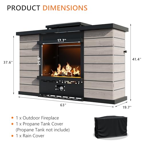 63.0''x37.6'' Outdoor Propane Fireplace, 50,000 BTU Vent-Free Gas Heater, CSA Certified Grey & Black Weather-Resistant Steel, Realistic Ceramic Logs, Rain Cover Included