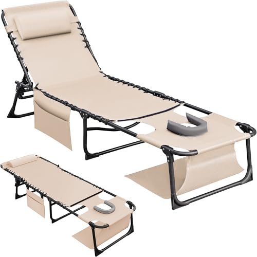 Flamaker Oversize Face Down Chaise Lounge Chair, 27 Inch Wide Foldable Outdoor Patio Chair, 5-Position Adjustable Tanning Chair with Face& Arm Holes for Sunbathing, Pool, Beach, Lawn (Beige, 1 Pcs)