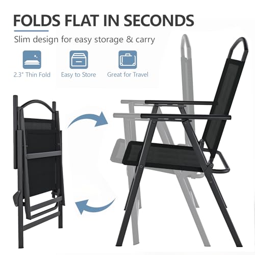 SWITTE Folding Patio Chairs Set of 2, Outdoor Dining Chairs with Armrests, Breathable Textilene & Steel Frame for Lawn, Garden, Yard or Poolside - Black