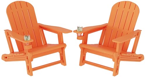 Shintenchi Adirondack Chairs Set of 2,HDPE Adirondack Chairs w/Removable Tablelop & Umbrella Hole,All-Weather Wooden Textured Plastic Outdoor Chairs w/Cup Holders for Garden Backyard Pool,Orange