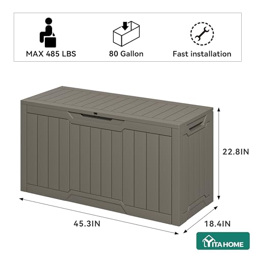 YITAHOME 80-Gallon Waterproof Resin Outdoor Storage Box, Lockable Storage Container for Outdoor Furniture, Cushion Storage, Pool Accessories, Garden Tools and Sporting Gear, Taupe