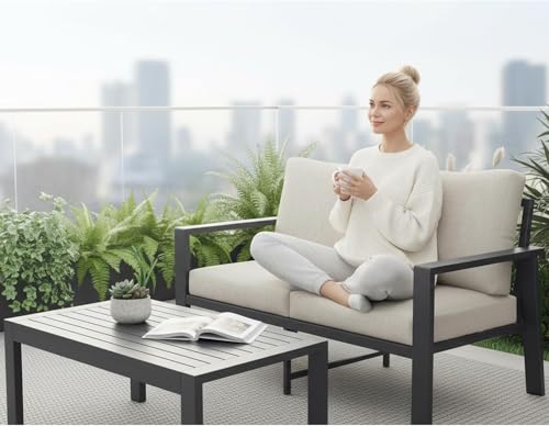 VONZOY Outdoor Loveseat with Coffee Table Small Furniture Aluminum Patio Love Seat Couch Outdoor Chairs with 4" Cushion Loveseats Sofa for Poolside,Balcony,Deck,Yard