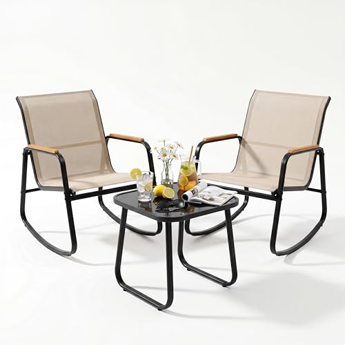 DWVO Patio Rocking Bistro Set, 3 Piece Durable Textilene Outdoor Furniture Set, Wooden Armrest Rocker Chairs & Glass Table for Garden, Balcony & Poolside, Beige