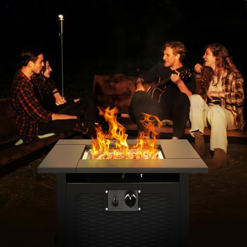 hykolity 28 inch Fire Pit Table, 50000 BTU Patio Heater, 2 in 1 Outdoor Gas Fire Pit with Removable Lid & Lava Stone, CSA-Certified for Gas Fire Pit, Deck Garden Backyard