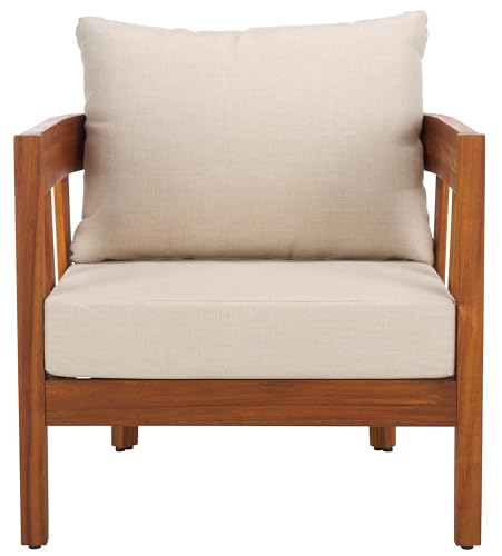 SAFAVIEH Outdoor Collection Owen Natural Brown/Taupe Cushion Solid Wood Chair Set of 2