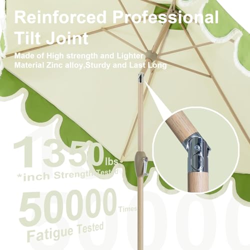 Tempera 9ft Scalloped Patio Umbrellas with Fringe, Market Umbrellas with Water-Resistant and Fade Resistant Canopy, 1.5" Wood Pole & Button Tilt,Green Beige Spliced
