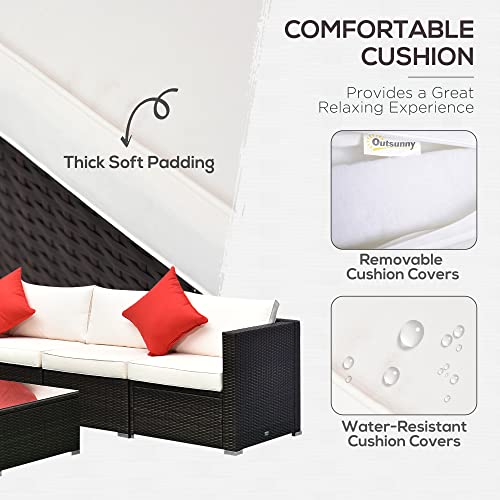 Outsunny 6 Piece Patio Furniture Set Outdoor Wicker Conversation Set All Weather PE Rattan Sectional Sofa Set with Ottoman, Cushions and Tempered Glass Table, Mixed Brown and Cream White
