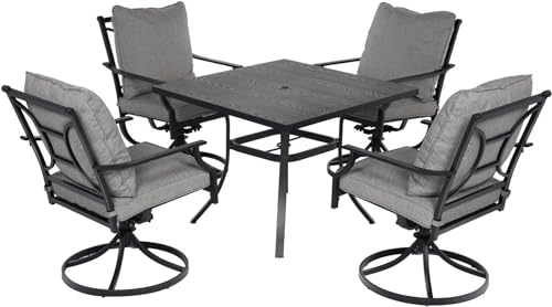 Grand patio 5-Piece Patio Dining Set for 4, E-Coated Outdoor Dining Set Swivel Patio Dining Chairs with Olefin Cushions & 1 Black Square Faux Woodgrain Dining Table with 1.5”Market Umbrella Hole
