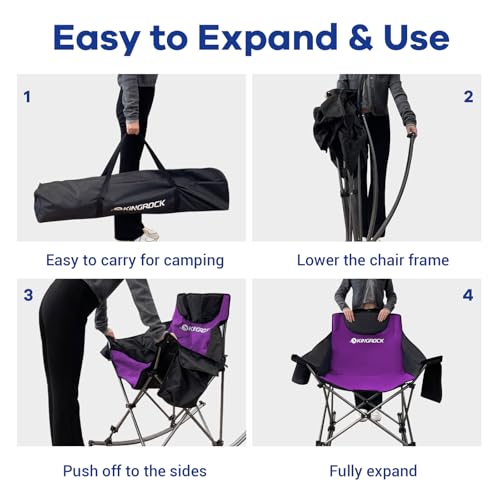 KINGROCK Oversized Rocking Camping Chair with Headrest and Carry Bag, 260LBS Capacity Folding Portable Camp Chairs for Adults, Recliner for Outdoor, Beach, Fishing, Travel, Sports Games,Purple
