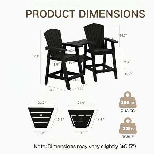 GLANC Tall Adirondack Chairs Set of 2, All Weather HDPE Bar Height Balcony Adirondack Chair with Removable Double Connecting Trays, Black Outdoor Adirondack Barstools for Deck Patio Yard Pool Lawn