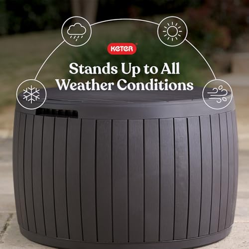 Keter Circa 37 Gallon Deck Box Organizer, Works as Ottoman Chair or Side Table, Brown – Large Resin Round Outdoor Storage and Seating for Garden, Pool, and Patio