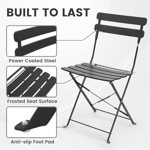 Kromax Outdoor 3 Piece Patio Bistro Set, Folding Bistro Table and Chairs Set of 2, Space Saving, Foldable Coffee Tables for Balcony or Garden, Black