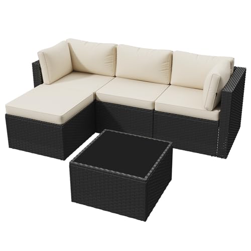 Aoxun Patio Furniture Set 5-Piece, Outdoor Sectional Sofas with Washable Cushion, Wicker Rattan Patio Conversation Sets for Backyard Porch and Poolside