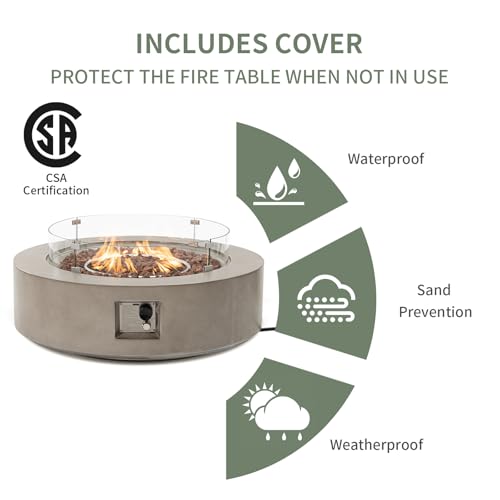 COSIEST 2-Piece Outdoor Propane Firepit Table Set w Tank Table, 42" Fire Table Certified, 50,000 BTU w Gray Round Base,Wind Guard and 16 inches Tank Side Table 20lb for Garden,Pool