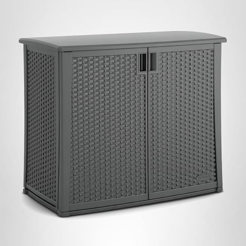 Suncast Resin Outdoor Storage Cabinet, Cool Gray Wicker Resin Outdoor Cabinet, Weatherproof, Lockable Outside Storage for Patio, Deck, Balcony, Porch, Backyard, or Garden, Made in The USA