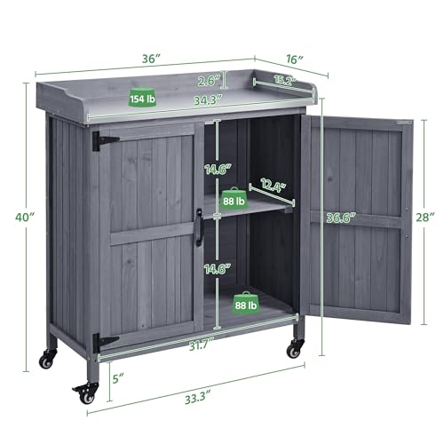 Yaheetech Garden Potting Bench Table, Outdoor Garden Horticultural Wooden Storage Cabinet & Solid Wood Planting Work Bench with Large Space Storage & Metal-Plated Tabletop, Gray