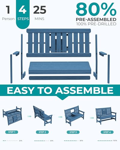 SERWALL Outdoor Bench with Cup Holder, Oversized 58" HDPE Porch Bench Suitable for 3 Person, All Weather Patio Benches with High Backrest for Garden, Park, Yard, Front Porch, Navy